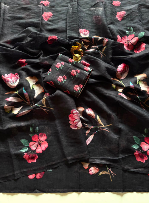 Trending linen cotton saree with pallu tussle✅