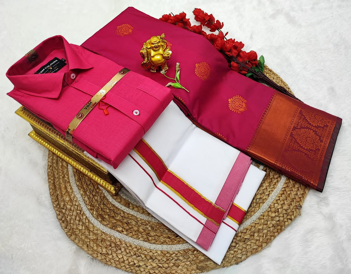👩❤️💋👨 *Couple combo👩❤️💋👨* *(Cotton Blended Shirt dhotis and Semi Tana Soft Silk sarees)*🤩