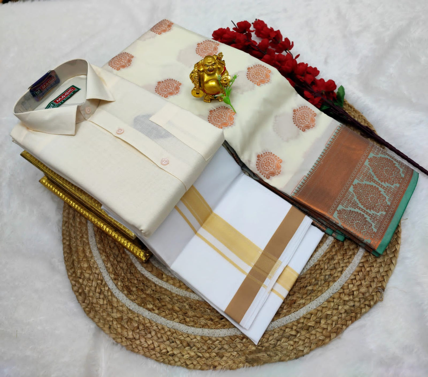 👩❤️💋👨 *Couple combo👩❤️💋👨* *(Cotton Blended Shirt dhotis and Semi Tana Soft Silk sarees)*🤩