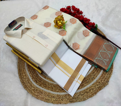 👩❤️💋👨 *Couple combo👩❤️💋👨* *(Cotton Blended Shirt dhotis and Semi Tana Soft Silk sarees)*🤩