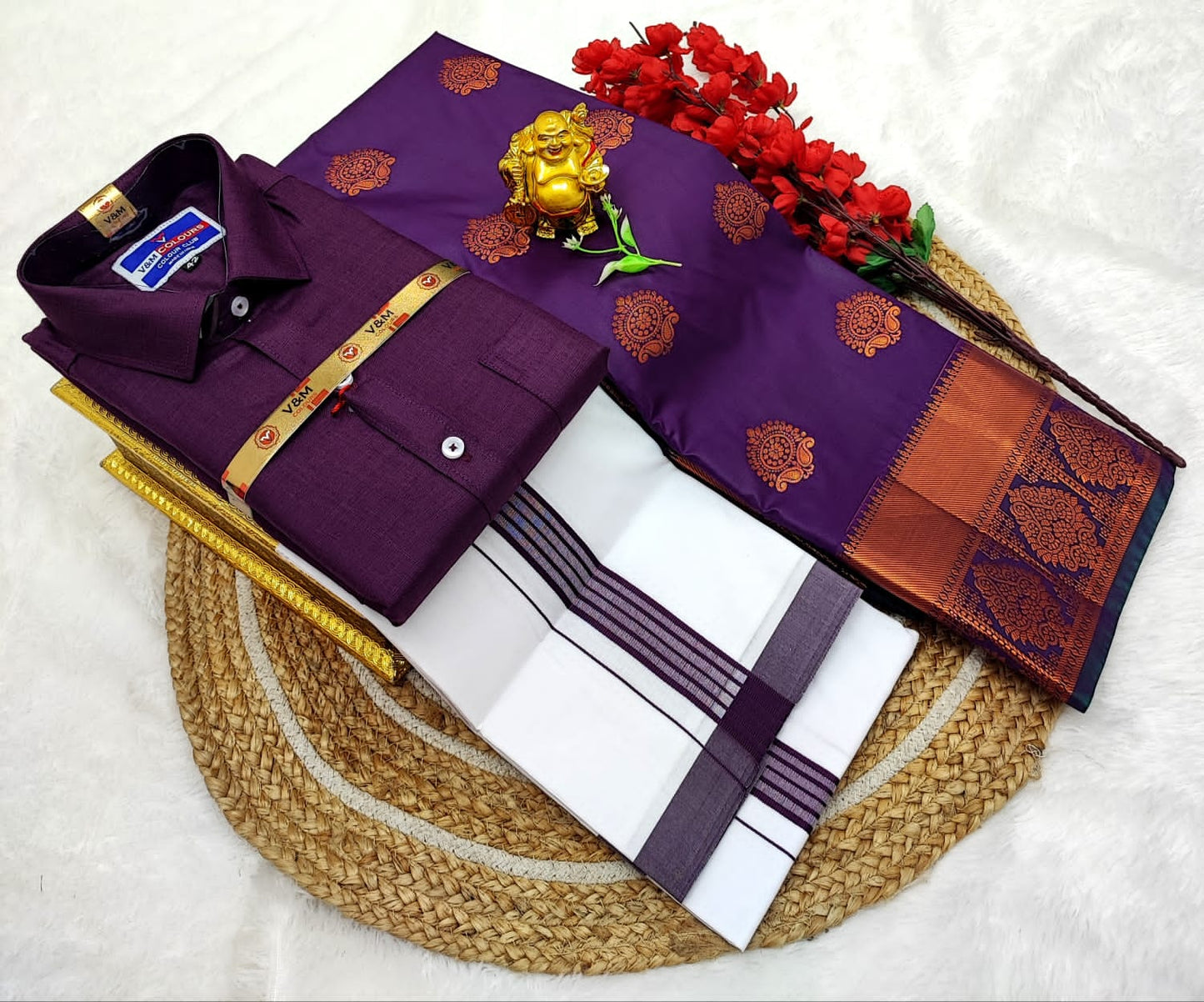 👩❤️💋👨 *Couple combo👩❤️💋👨* *(Cotton Blended Shirt dhotis and Semi Tana Soft Silk sarees)*🤩