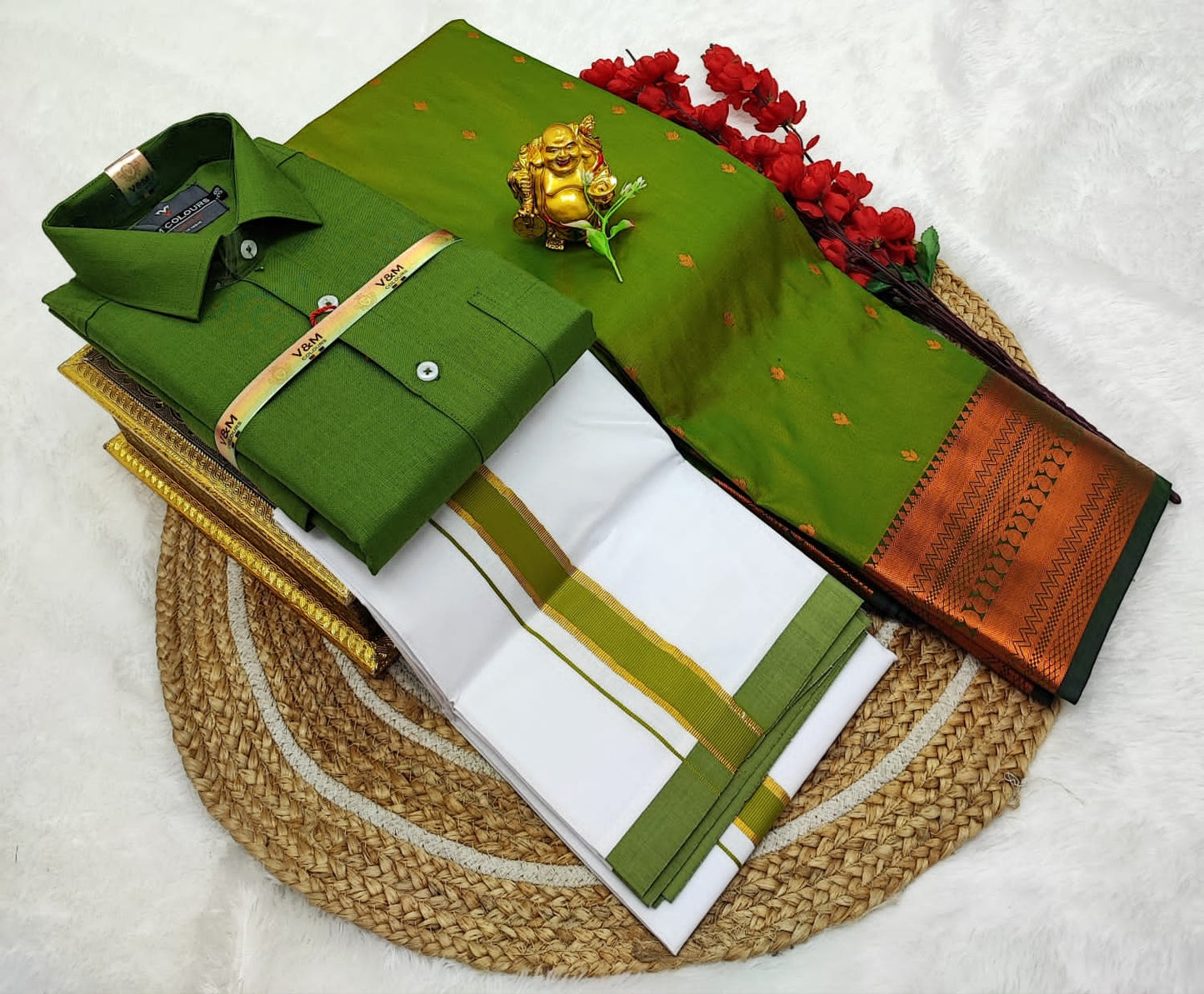 👩❤️💋👨 *Couple combo👩❤️💋👨* *(Cotton Blended Shirt dhotis and Semi Tana Soft Silk sarees)*🤩