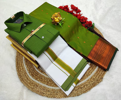 👩❤️💋👨 *Couple combo👩❤️💋👨* *(Cotton Blended Shirt dhotis and Semi Tana Soft Silk sarees)*🤩