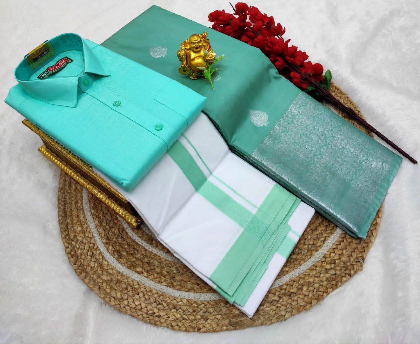 👩❤️💋👨 *Couple combo👩❤️💋👨* *(Cotton Blended Shirt dhotis and Semi Tana Soft Silk sarees)*🤩