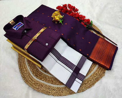 👩❤️💋👨 *Couple combo👩❤️💋👨* *(Cotton Blended Shirt dhotis and Semi Tana Soft Silk sarees)*🤩