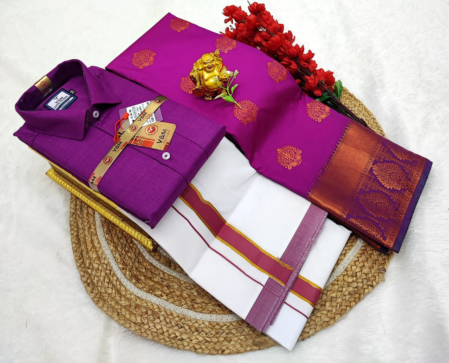 👩❤️💋👨 *Couple combo👩❤️💋👨* *(Cotton Blended Shirt dhotis and Semi Tana Soft Silk sarees)*🤩