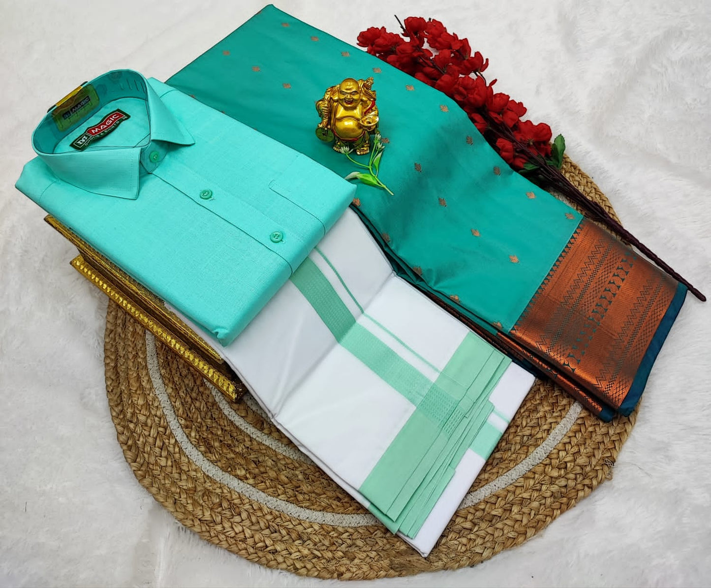 👩❤️💋👨 *Couple combo👩❤️💋👨* *(Cotton Blended Shirt dhotis and Semi Tana Soft Silk sarees)*🤩