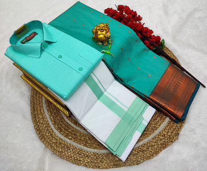 👩❤️💋👨 *Couple combo👩❤️💋👨* *(Cotton Blended Shirt dhotis and Semi Tana Soft Silk sarees)*🤩