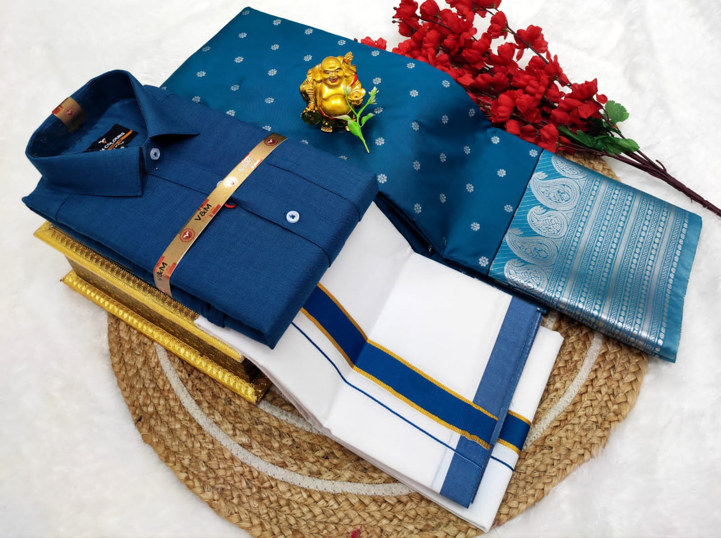 👩❤️💋👨 *Couple combo👩❤️💋👨* *(Cotton Blended Shirt dhotis and Semi Tana Soft Silk sarees)*🤩