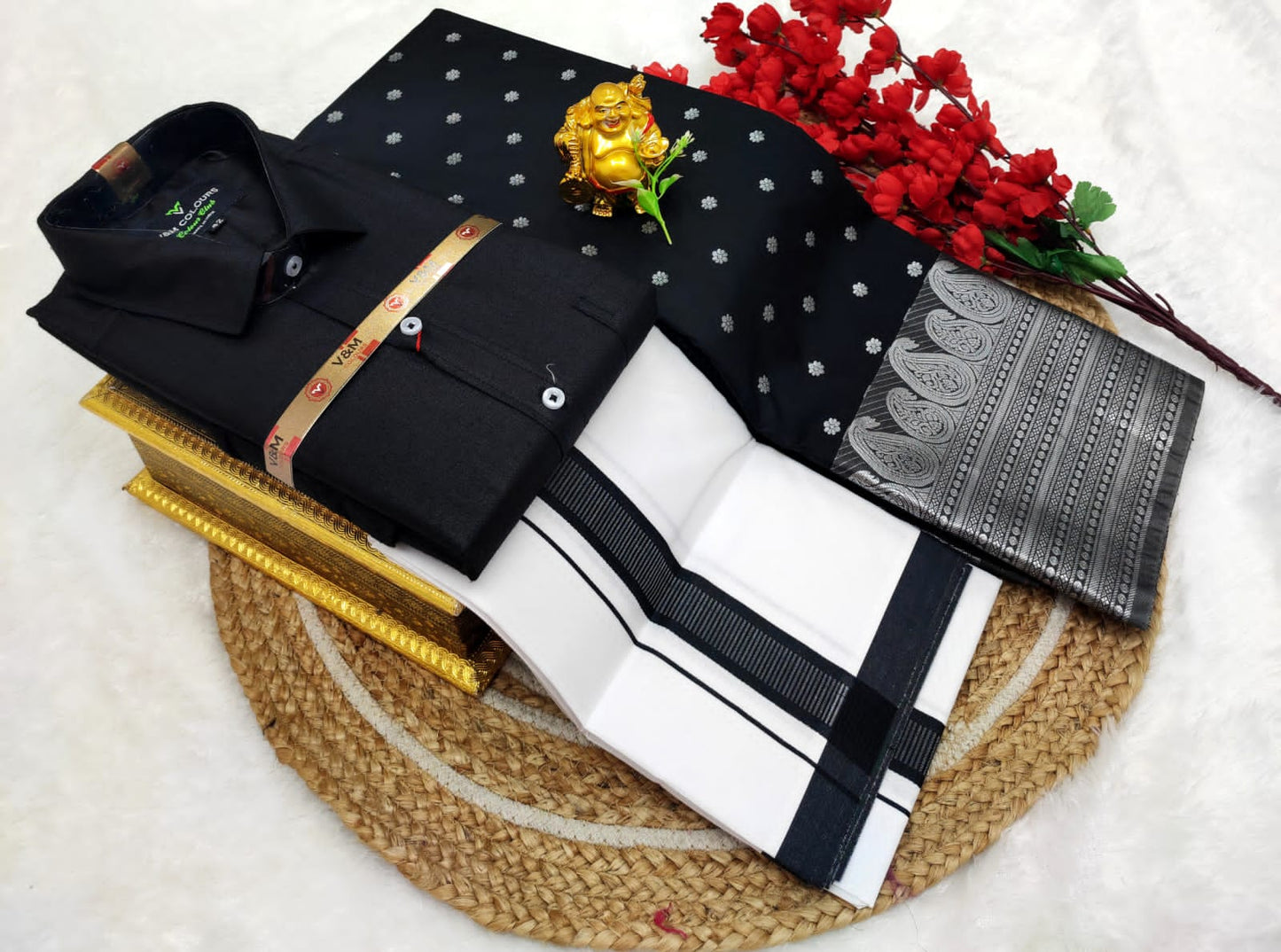 👩❤️💋👨 *Couple combo👩❤️💋👨* *(Cotton Blended Shirt dhotis and Semi Tana Soft Silk sarees)*🤩